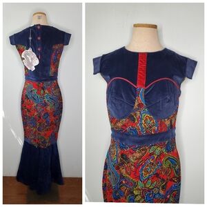 NUVULA Long Mermaid Boho Paisley Corduroy Structured Bodice Hippie Dress